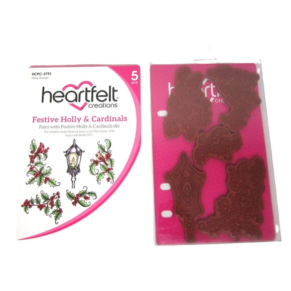 Heartfelt Creations Festive Holly & Cardinals Cling Stamps 5 Pcs Christmas - Picture 1 of 3